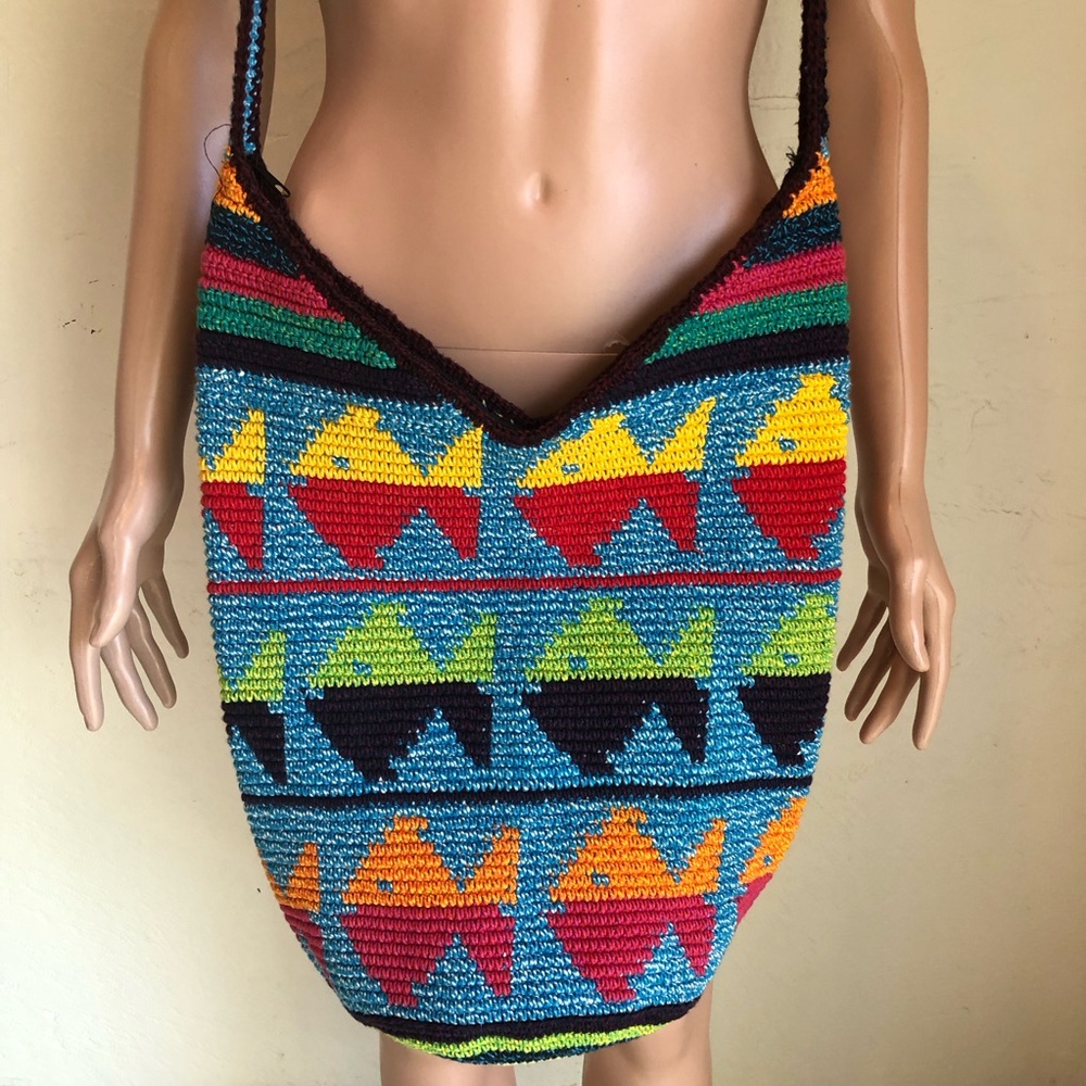 Handmade Blue Multicolor Knit Crochet Shoulder Crossbody Bag Purse Artisan